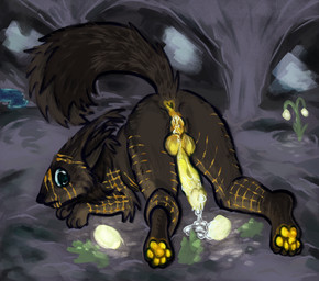 black_body black_fur bodily_fluids butt cum fur genital_fluids genitals herm intersex knot looking_back looking_pleasured pawpads penis presenting presenting_hindquarters raised_tail scar self-harm_scars solo tail rotsrocks casualties:_unknown rainbow_(rotsrocks) canid canine expie_(gunsawian) gunsawian mammal absurd_res hi_res