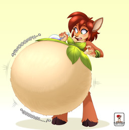 anthro belly belly_expansion big_belly blush brown_body brown_ears brown_hair brown_nose clothing expansion female flask green_background green_clothing green_eyes green_topwear hair holding_object holding_potion hooves huge_belly hyper hyper_belly inflation logo motion_lines multicolored_body onomatopoeia open_mouth pink_tongue potion red_mouth simple_background solo sound_effects surprised swelling tan_body tan_inner_ear teeth text three-quarter_view tongue topwear two_tone_body white_background just-a-cake activision spyro_the_dragon elora deer faun_(spyro) mammal 2026 absurd_res artist_logo artist_name colored digital_media_(artwork) hi_res shaded