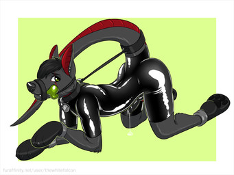 anthro bdsm black_collar bodily_fluids bondage bondage_gear bondage_gloves bone bone_gag bound clothing collar collar_tag cum ear_piercing erection gag gagged genital_fluids genitals gimp_suit handwear latex male muzzle_(object) muzzled penis petplay piercing puppyplay roleplay solo submissive submissive_male tail tail_bondage tail_tied dirtybird canid canine canis domestic_dog hybrid mammal 4:3