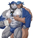 abs anthro bathrobe beard beverage big_muscles big_pecs black_hair body_hair bulge chest_hair clothed clothing coffee coffee_mug duo eye_contact facial_hair fangs grey_body grin hair hug hugging_another hugging_from_behind human_on_anthro interspecies jewelry kerchief looking_at_another male male/male moobs muscular muscular_anthro muscular_human muscular_male necklace nipples open_clothing open_shirt open_topwear pecs robe shirt smile teeth topwear underwear maldu mythology nintendo pokemon team_aqua archie_(pokemon) draycos demon dragon human mammal mythological_creature mythological_scalie scalie absurd_res hi_res