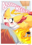 2022 absurd_res anthro ari_the_talonflame avian bird blush braixen calling_for_help canid canine comic detailed_background dialogue duo ear_tuft ellie_the_braixen english_text feral fire fur generation_6_pokemon generation_8_pokemon hi_res male male/male male_(lore) mammal motion_lines neck_tuft nikkibunn nintendo open_mouth pokemon pokemon_(species) solo_focus talonflame text tuft white_body white_fur wide_eyed yamper yellow_body yellow_fur