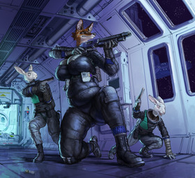 aiming_gun aiming_weapon anthro battle belly big_breasts bodysuit boots breasts bulletproof_vest butt clothed clothing door female fighting_pose footwear fully_clothed fur gloves group gun hallway hand_on_floor handgun handwear holding_gun holding_handgun holding_object holding_pistol holding_ranged_weapon holding_shotgun holding_weapon inside kneeling larger_female low-angle_view male open_mouth orange_body orange_fur paneling pistol pose ranged_weapon science_fiction shoes shotgun size_difference skinsuit slightly_chubby slightly_chubby_anthro slightly_chubby_female smaller_male space spacecraft spacesuit standing tactical_gear tight_clothing trio under_butt vehicle weapon white_body white_fur window cettus lien_van_broek canid canine lagomorph leporid mammal maned_wolf rabbit 2026 absurd_res hi_res