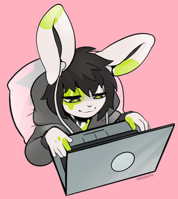 anthro black_hair clothing computer earbuds electronics fur green_markings hair half-closed_eyes headphones hoodie laptop male markings narrowed_eyes pink_background simple_background smile topwear white_body white_fur sparkibarki kal_(noctaccean) lagomorph leporid mammal rabbit hi_res