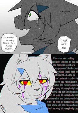 anthro blood blood_from_eye bodily_fluids crying dialogue female green_eyes red_eyes sad scarf solo tears text wounded catkitte jane_(catkitte) domestic_cat felid feline felis mammal 2025 comic digital_drawing_(artwork) digital_media_(artwork) english_text hi_res signature