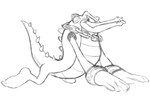 all_fours anthro barefoot blep chain chain_necklace clothing electronics feet gloves handwear headphones jewelry kneeling looking_at_viewer male necklace nude side_view simple_background smile solo spines teeth_showing tongue tongue_out white_background thegreatmatsutzu sega sonic_the_hedgehog_(series) vector_the_crocodile crocodile crocodilian reptile scalie black_and_white monochrome