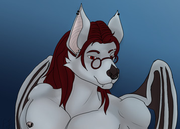 anthro fur hair long_hair male nipple_piercing nipples piercing red_eyes red_hair solo white_body white_fur yuki_shepard alex_yuki bat mammal absurd_res hi_res