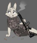 anthro ar-15 arm_support assault_rifle biped blue_eyes clothed clothing eyebrows female flak_jacket fully_clothed fur grey_background gun half-closed_eyes holding_gun holding_object holding_ranged_weapon holding_weapon military military_uniform narrowed_eyes paws ranged_weapon rifle simple_background sitting smile smoke solo spent_casing text thick_thighs uniform weapon white_body white_fur josun disney zootopia skye_(zootopia) canid canine fox mammal 2019 full-length_portrait hi_res portrait