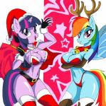 2015 absurd_res anthro big_breasts blue_body blue_feathers breast_rest breasts christmas cleavage clothed clothing duo equid equine feathered_wings feathers female friendship_is_magic hasbro hi_res holding_breast holidays horn mammal manic47 my_little_pony mythological_creature mythological_equine mythology pegasus rainbow_dash_(mlp) skimpy twilight_sparkle_(mlp) unicorn wings