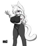 big_breasts breasts clothing exercise female fur huge_breasts purple_eyes shirt solo topwear uniform waiter white_body white_fur mi_lan milan_(mi_lan) felid feline mammal absurd_res hi_res