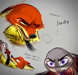 anthro duo female fur green_eyes grey_body grey_fur infected insane_eyes male necktie night_howlers orange_body orange_fur paws pointy_ears purple_eyes rabbit_ears splatter text nibkman0304 disney zootopia judy_hopps nick_wilde canid canine european_rabbit fox lagomorph leporid mammal oryctolagus rabbit red_fox true_fox english_text hi_res