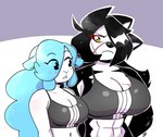 abs anthro back_hair big_breasts black_body black_fur blue_hair blush blush_stickers body_hair breast_size_difference breasts cleavage clothed clothing duo eyeliner female frown fur hair hair_over_eye huge_breasts long_hair looking_at_another looking_at_breasts looking_at_partner makeup midriff multicolored_body multicolored_fur muscular muscular_anthro muscular_female navel one_eye_obstructed open_mouth scar simple_background two_tone_body two_tone_fur white_body white_fur wool_(fur) yellow_eyes anaugi meme_clothing sports_bra_difference_meme hachimitsu shep_(anaugi) bovid canid canine canis caprine domestic_dog mammal sheep 2023 hi_res meme signature