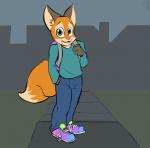4_fingers aglet anthro backpack canid canine clothing compfive countershading dipstick_tail fingers fluffy fluffy_tail footwear fox green_eyes kyle_cumberland male mammal markings outside shoelaces shoelaces_untied shoes simple_background sneakers solo tail tail_markings young young_anthro