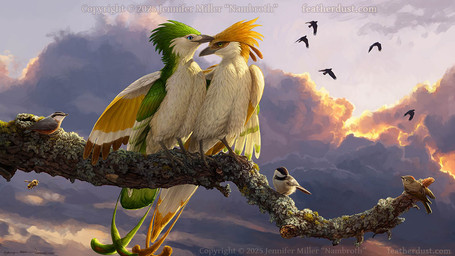 ambiguous_gender branch cloud detailed_background duo_focus feathers feral green_body green_feathers group light looking_at_another moss multicolored_body outside plant realistic rictal_bristles sitting sitting_on_branch sky skyscape two_tone_body white_body white_feathers yellow_body yellow_feathers nambroth european_mythology greek_mythology mythology ambient_bird arthropod avian bee bird black-capped_chickadee bumble_bee_(species) chickadee corvid corvus_(genus) crow hymenopteran insect lepidopteran moth mythological_avian mythological_bird mythological_creature mythological_firebird oscine passerine phoenix red-breasted_nuthatch ruby-crowned_kinglet tit_(bird) tussock_moth 16:9 2025 detailed digital_media_(artwork) digital_painting_(artwork) lighting painting_(artwork) watermark widescreen
