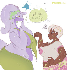 anthro big_breasts blush bottomwear breasts brown_body brown_skin cleavage clothed clothing cross-popping_vein dialogue duo eyebrows eyelashes female frown green_eyes hair huge_breasts midriff shirt short_hair shorts slime speech_bubble t-shirt tank_top text topwear white_hair wide_hips supersilly64 nintendo pokemon generation_6_pokemon goodra human mammal pokemon_(species) 2026 artist_name english_text hi_res sketch