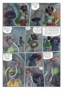 ambiguous_gender anthro biped black_body black_fur cave_painting clothed clothing dialogue dialogue_box flower fur grey_body hat headgear headwear inside plant proboscis_(anatomy) speech_bubble text trunk_(anatomy) bjekkergauken imbali_(bjekkergauken) isilo_(bjekkergauken) elephant elephantid humanoid mammal proboscidean unknown_species 2026 colored comic english_text hi_res