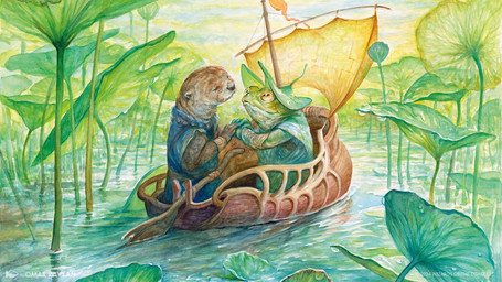 ambiguous/ambiguous ambiguous_gender anthro blue_clothing boat brown_body brown_fur clothing cloud day duo elderly eyes_closed fur green_clothing hand_holding hat headgear headwear horizontal_pupils lake outside plant pupils vehicle water watercraft omar_rayyan hasbro magic:_the_gathering wizards_of_the_coast amphibian frog mammal mustelid otter 16:9 2024 hi_res official_art widescreen