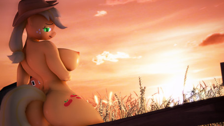 alternate_form anthro anthrofied barn bedroom_eyes big_breasts blonde_hair breasts building butt clothed clothing cowboy_hat curvy_figure cutie_mark eyebrows eyelashes farm female fence freckles green_eyes hair half-closed_eyes happy hat hay headgear headwear huge_breasts long_hair looking_at_viewer mostly_nude narrowed_eyes naughty_face nipples orange_body outside rear_view seductive small_waist smile solo sunset thick_thighs wide_hips doctor-sfm friendship_is_magic hasbro my_little_pony applejack_(mlp) equid equine horse mammal pony 16:9 2018 3d_(artwork) 4k absurd_res digital_media_(artwork) hi_res source_filmmaker_(artwork) widescreen