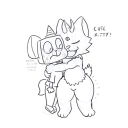 1_horn 3_eyes anthro bottomwear bracelet clothed clothing duo eyes_closed fangs featureless_crotch footwear horn hug jewelry looking_at_another male multi_eye on_ground pants sharp_teeth shirt shoes standing t-shirt tail teeth text thick_thighs topwear nekoni nekoni_(character) cat_demon domestic_cat felid feline felis mammal mouse murid murine rodent 1:1 digital_media_(artwork) english_text