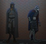 anthro blue_clothing blue_coat blue_topwear bottomwear brown_body cape clothed clothing coat dated digitigrade duo eyewear felid grey_bottomwear grey_cape grey_clothing grey_hair grey_pants grey_shorts grey_topwear hair hi_res male mammal mouth_closed obscured_eyes open_clothing open_coat open_topwear pants scalie shorts signature slash_freezen smoking standing sunglasses topwear white_body