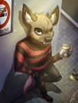 2023 3:4 5_fingers absurd_res against_surface against_wall aggretsuko alcohol anthro beer beverage beverage_can black_bottomwear black_clothing black_pants bottomwear claws clothing digital_media_(artwork) finger_claws fingers footwear fur green_eyes haida_(aggretsuko) hand_in_pocket hi_res hyena long_sleeves lupiarts male mammal netflix no_smoking no_symbol pants pattern_clothing pattern_shirt pattern_topwear plantigrade pockets prohibition_sign red_clothing red_shirt red_topwear sanrio shirt shoes sign sign_graphic signature solo spotted_hyena striped_clothing striped_shirt striped_topwear stripes symbol teeth topwear torn_bottomwear torn_clothing torn_pants wall_(structure)