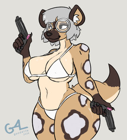 anthro bad_trigger_discipline big_breasts bikini bikini_bottom bikini_top bob_cut bottomwear breasts brown_body brown_fur brown_hands brown_spots claws clothing dual_wielding eyewear female fingerpads fur glasses grey_hair gun hair holding_gun holding_object holding_ranged_weapon holding_weapon inner_ear_fluff looking_away navel nipple_outline pattern_bottomwear pattern_clothing pattern_topwear pawpads pink_pawpads ranged_weapon round_glasses smile solo spots swimwear tail tan_body thick_thighs topwear tuft two-piece_swimsuit weapon wearing_glasses white_bikini white_bikini_bottom white_bikini_top white_bottomwear white_clothing white_inner_ear white_spots white_swimwear white_topwear wide_hips good4life4ever veronica_(azimuthium) african_wild_dog canid canine mammal 2026 digital_drawing_(artwork) digital_media_(artwork) hi_res portrait shaded signature three-quarter_portrait