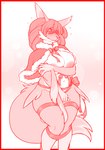 anthro areola big_breasts biped border breasts covering covering_breasts covering_crotch covering_self eye_through_hair female hair hand_bikini navel nipples red_border ribbons simple_background solo translucent translucent_hair white_background wide_hips iriedono nintendo pokemon delphox generation_6_pokemon pokemon_(species) 2022 digital_media_(artwork) hi_res