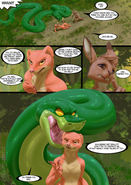 anthro brown_body brown_fur brown_hair buckteeth female feral fur glossy_body green_body grey_body group hair imminent_vore larger_pred male male/female nature nature_background open_mouth orange_body orange_fur outside plant pseudo-breasts simple_background size_difference tail teeth text tongue tree trio yellow_eyes inkanyamba_(artist) jajuka jasper_(tacokurt) roma_(tacokurt) herpestid lagomorph leporid mammal mongoose python rabbit reptile scalie snake comic detailed english_text hi_res remake