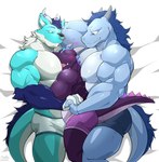 anthro big_pecs blue_body blue_fur blue_hair clothed clothing cuddling facial_piercing fur group hair hand_holding horn male male/male manwiched muscular muscular_anthro muscular_male nipples nose_piercing nose_ring pecs piercing purple_body ring_piercing sandwiched size_difference tail topless trio underwear maldu mythology zano_(zano1) canid canine dragon fox hybrid mammal mythological_creature mythological_scalie scalie absurd_res hi_res