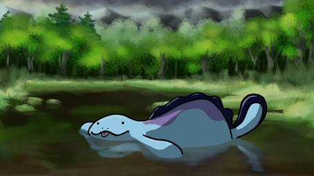 ambiguous_gender blep blue_body detailed_background dot_eyes feral grass lying on_front open_mouth outside partially_submerged plant simple_eyes solo swamp tail tongue tongue_out tree water yawn theflumpytripod nintendo pokemon generation_2_pokemon pokemon_(species) quagsire 16:9 2018 animated digital_media_(artwork) widescreen