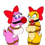 accessory anthro ball_gag bdsm bondage bound bow_(feature) bow_accessory bow_ribbon breasts centered_hair_bow duo featureless_breasts female gag hair_accessory hair_bow hair_ribbon jewelry looking_at_viewer necklace restraints ribbons rope rope_bondage siphon_(anatomy) gagmanzx mario_bros nintendo koopaling wendy_o._koopa birdo koopa scalie 1:1 absurd_res hi_res