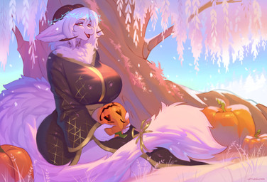 anthro asian_clothing big_breasts breasts claws clothed clothing curved_horn curvy_figure east_asian_clothing female fluffy food fruit fur fur_markings glowing halo holding_object holidays horn huge_breasts jack-o'-lantern japanese_clothing kimono kimono_only leaf lichen looking_at_viewer markings multicolored_eyes neck_tuft non-mammal_breasts paws plant pumpkin ribbons sitting snow solo tail tail_tuft thick_thighs tongue tree tuft voluptuous white_body white_fur willow_tree littleclown halloween mythology ana_(anunusedaccount) dragon furred_dragon furred_scalie mythological_creature mythological_scalie scalie absurd_res hi_res huge_filesize