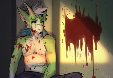 anthro black_bottomwear black_clothing black_pants black_sclera blood bodily_fluids bottomwear cheek_tuft clothed clothing facial_hair facial_tuft front_view fur goatee green_body green_ears green_fur green_hair hair horn looking_at_viewer male one_eye_closed pants sitting solo topless tuft white_body white_fur white_hair yellow_eyes yellow_horn famir mythology famir_(character) dragon furred_dragon furred_scalie mythological_creature mythological_scalie scalie 2021 absurd_res dated hi_res signature