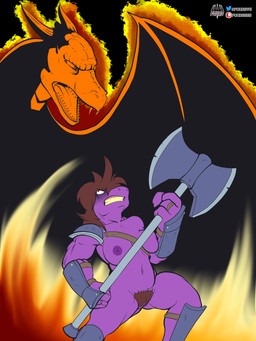 anthro armor axe barbarian big_pubes brown_hair double_bitted_axe duo female feral fire freckles genitals greaves hair melee_weapon muscular muscular_anthro muscular_female nipples pauldron pubes purple_nipples purple_vulva red_eyes unconvincing_armor vambrace vulva weapon fourssss deltarune mythology undertale_(series) susie_(deltarune) dragon lizard mythological_creature mythological_scalie reptile scalie 3:4 absurd_res hi_res