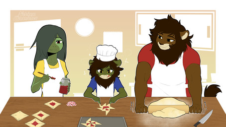 anthro apron chef_hat clothed clothing dough female food group hair hair_over_eye hat headgear headwear knife male mane pastry rolling_pin trio young young_anthro young_male justanoutsider amphibian felid frog hybrid lion mammal pantherine absurd_res hi_res father_(lore) father_and_child_(lore) father_and_son_(lore) mother_(lore) mother_and_child_(lore) mother_and_son_(lore) parent_(lore) parent_and_child_(lore) parent_and_son_(lore) son_(lore)