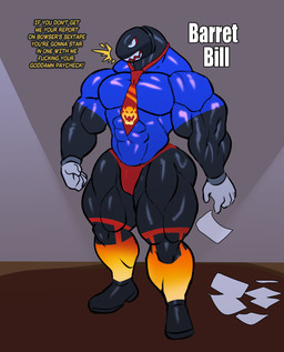abs accessory angry anthro biceps black_body bowser_logo bullet calf_muscles clothing deltoids footwear forearm_muscles garter garter_belt garter_belt_socks garter_straps glowing glowing_markings male markings muscular muscular_male necktie not_furry pecs quads shirt socks solo stubble text tight_clothing topwear trapezius triceps verbal_degradation tiburalgo mario_bros nintendo banzai_bill bullet_bill humanoid english_text hi_res