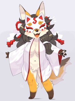 3_toes 4_fingers animal_mask anthro asian_clothing barefoot black_nose blush bottomless breasts brown_body brown_fur brown_hair chibi clothed clothing crotch_tuft cute_fangs east_asian_clothing emanata eyes_closed fangs feet female female_anthro fingers fox_mask fur gloves_(marking) hair happy japanese_clothing kemono leg_markings markings mask mostly_nude multicolored_body multicolored_ears multicolored_fur multicolored_tail navel no_underwear open_mouth open_smile orange_body orange_fur pawpads paws smile socks_(marking) solo tail teeth toes tongue topwear topwear_only tuft white_body white_fur kame_3 masked_fox_(kame_3) canid canine fox mammal 2022 absurd_res digital_media_(artwork) full-length_portrait hi_res portrait