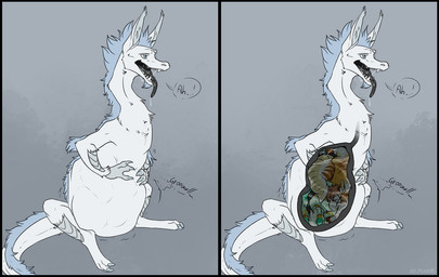 abdominal_bulge anthro anthro_prey black_border black_insides black_tongue blue_mane bodily_fluids border feral feral_pred fur larger_pred long_tongue male mane multiple_prey rumbling_stomach saliva saliva_string satisfied semi-anthro size_difference soft_vore tongue vore white_body white_fur x-ray_view rejkariel mythology sklifos dragon furred_dragon furred_scalie mythological_creature mythological_scalie scalie hi_res