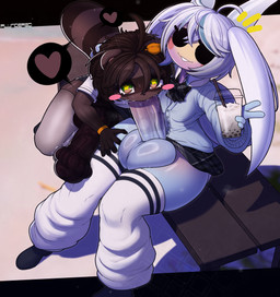 absolute_territory ahoge animal_genitalia animal_penis balls bench beverage big_balls big_penis blush blush_stickers bottomwear breasts bubble_tea clothed clothing duo equine_genitalia equine_penis erection eyelashes fellatio footwear genitals gesture gynomorph hair hand_gesture hand_on_head hand_on_leg hand_on_thigh heart_symbol holding_object huge_penis intersex intersex/intersex leaf looking_at_viewer markings mismatched_animal_penis mismatched_genitalia mismatched_penis oral pattern_clothing penile penis plaid plaid_clothing school_uniform sex simple_face skirt small_breasts socks star_pupils striped_markings striped_tail stripes tail tail_markings thick_thighs twintails_(hairstyle) uniform v_sign vein veiny_penis wide_hips plundered tani_takahashi aquatic_gastropod canid canine gastropod mammal marine mollusk raccoon_dog sea_angel sea_slug slug tanuki absurd_res hi_res