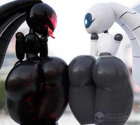 alternate_form angry anthro big_butt biped black_body blurred_background bottom_heavy butt duo eye_contact female glistening glistening_body huge_butt huge_ears huge_thighs hyper hyper_butt hyper_thighs jagged_mouth long_tongue looking_aside looking_at_another multicolored_body presenting presenting_hindquarters rear_view red_eyes red_tongue rivalry scared screen_eyes segmented_body small_waist text thick_thighs tongue tongue_out two_tone_body wasp_waist white_body wide_hips sharpybutts sharpy_(sharpybutts) lagomorph leporid mammal rabbit robot_anthro artist_name hi_res