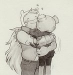 4_fingers blush clothed clothing duo fingers hair hat headgear headwear hug male not_furry shirt simple_background square_crossover topwear white_background lynxfurr adventure_time cartoon_network fionna_and_cake fern_(adventure_time) finn_the_human human humanoid mammal graphite_(artwork) hi_res traditional_media_(artwork)