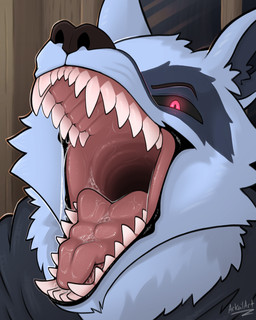 bodily_fluids fangs fluffy gaping_mouth glowing glowing_eyes looking_at_viewer male male_pred mouth_shot open_mouth palate_ridges red_eyes ridged_mouth saliva saliva_on_tongue saliva_string solo teeth tongue vore arkailart dreamworks puss_in_boots_(franchise) death_(puss_in_boots) canid canine canis mammal wolf 4:5 hi_res
