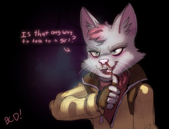 anthro blood blue_eyes bodily_fluids clothed clothing fangs female gloves handwear jumpsuit nosebleed open_mouth simple_background smile solo sweater teeth text topwear turtleneck whiskers wiping_nose bluecoffeedog nintendo star_fox star_fox_(2026) katt_monroe domestic_cat felid feline felis mammal digital_media_(artwork) english_text