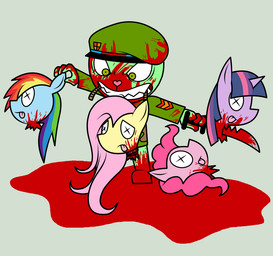 abuse anthro blood blue_body blue_fur bodily_fluids clothed clothing death female fur gore green_body group hair hat headgear headwear horn knife male multicolored_hair pink_body pink_hair purple_body purple_fur purple_hair rainbow_hair rope simple_background tongue tongue_out two_tone_hair uniform weapon white_background yellow_body unknown_artist friendship_is_magic happy_tree_friends hasbro my_little_pony mythology flippy_(htf) fliqpy_(htf) fluttershy_(mlp) pinkie_pie_(mlp) rainbow_dash_(mlp) twilight_sparkle_(mlp) earth_pony equid equine horse mammal mythological_creature mythological_equine pony unicorn crossover source_request