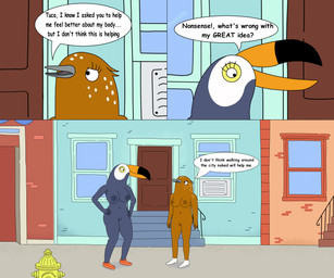 anthro areola big_breasts breasts butt clothing dialogue duo embarrassed female footwear footwear_only genitals hands_on_hips happy medium_breasts mostly_nude nipples nude nude_anthro nude_female outside public public_nudity shoes shoes_only speech_bubble standing street text vulva worried worried_look dogmickhot adult_swim cartoon_network netflix tuca_and_bertie bertie_songthrush tuca_(tuca_and_bertie) avian bird piciform toucan 6:5 absurd_res colored comic english_text hi_res
