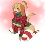 anthro big_breasts big_ears blonde_hair blush bottomless bottomless_anthro bottomless_female breasts christmas_clothing christmas_sweater christmas_topwear clothed clothing female fur hair holidays legwear long_ears pattern_clothing pattern_legwear pattern_stockings raised_clothing raised_sweater raised_topwear simple_background solo stockings striped_clothing striped_legwear striped_stockings stripes sweater tail topwear turtleneck yellow_body yellow_fur pakusta animal_crossing christmas nintendo isabelle_(animal_crossing) canid canine canis domestic_dog mammal shih_tzu toy_dog hi_res