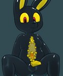 anthro black_body bodily_fluids cum cum_inside duo featureless_crotch genital_fluids genitals glistening glistening_body glistening_skin latex looking_at_viewer male mouthless null_bulge open_zipper penetration penis red_eyes seam_(sewing) simple_background sitting spread_legs spreading tentacles yellow_inner_ear yellow_sclera zipper gojo_preto gojo_(gojo_preto) animate_inanimate lagomorph leporid living_clothing mammal rabbit 5:6 hi_res