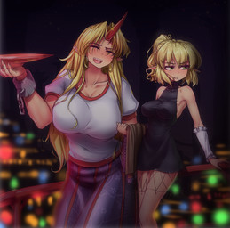 1_horn arm_warmers armwear bare_shoulders big_breasts black_clothing black_dress blonde_hair bottomwear breasts clothed clothed_female clothed_humanoid clothing collarbone container cup dress duo embarrassed eyes_closed female fingernails green_eyes hair holding_clothing holding_container holding_cup holding_object horn humanoid_pointy_ears long_fingernails nails nipple_outline open_mouth open_smile pointy_ears purple_bottomwear purple_clothing purple_skirt sakazuki sharp_fingernails sharp_nails shirt skirt smile topwear white_clothing white_shirt white_topwear hater_(hatater) asian_mythology east_asian_mythology japanese_mythology mythology touhou parsee_mizuhashi yuugi_hoshiguma demon hashihime horned_humanoid humanoid oni yokai 2018 hi_res