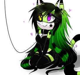 alternative_fashion anthro black_sclera boots clothed clothing collar coontail_hair cross emo female footwear fur gloves green_body green_fur hair handwear heart_symbol jewelry kneeling latex leash long_hair long_tail purple_eyes raccoon_tail_hair scene_(fashion) scene_haircut shoes skimpy solo spandex tail tattoo tight_clothing yellow_eyes farfromserious sega sonic_the_hedgehog_(series) fan_character yushi_the_cat domestic_cat felid feline felis mammal green_theme hi_res