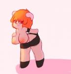 anthro areola big_breasts bottomwear breasts clothed clothing female footwear grin hair horn looking_back nipples orange_hair partially_clothed shoes short_stack shorts smile solo thick_thighs topless undressing wide_hips anormaluser jamie_(tawog) bovid caprine mammal