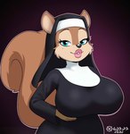 anthro big_breasts breasts clothing female lipstick long_tail looking_at_viewer makeup markings mole_(marking) mole_on_cheek nun nun_habit nun_outfit religious_clothing simple_background solo tail pamaht9 chipmunk ground_squirrel mammal rodent sciurid hi_res signature spanish_description